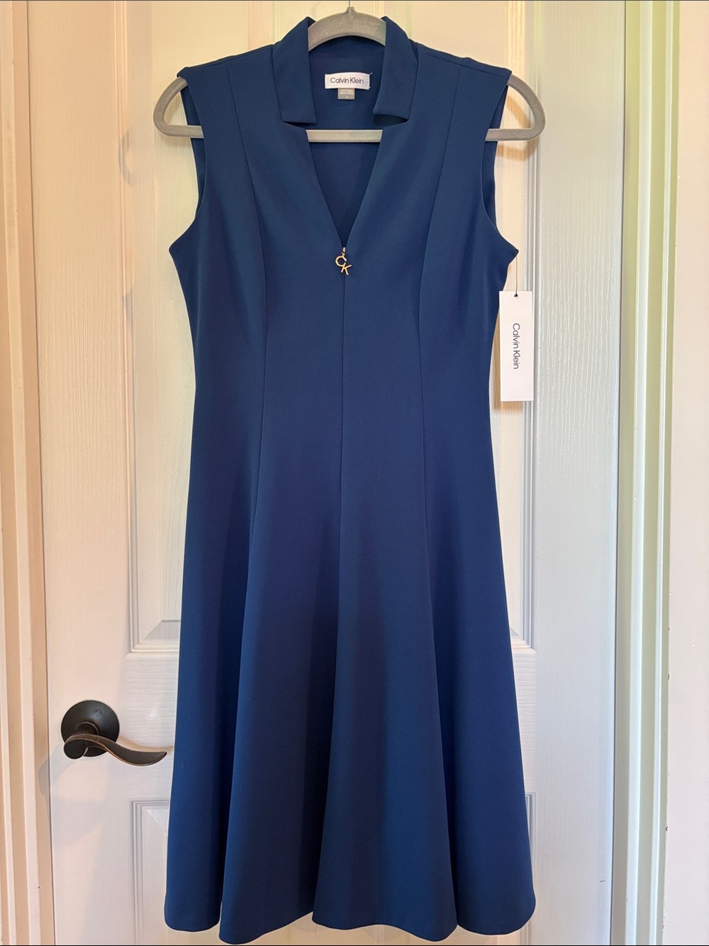 Calvin Klein Sleeveless Deep Blue V-Neck Fit-and-Flare Dress